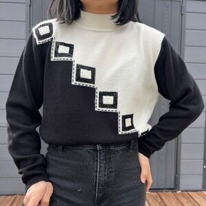 Vintage Black White Graphic Sweater 80s 90s Colorblock Sequin Knit Pullover Med
